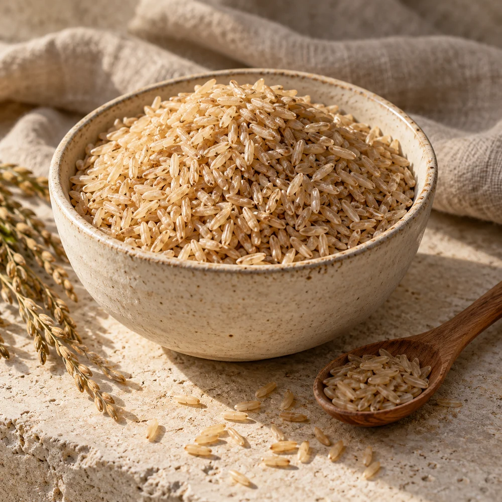 Illustrative bowl of brown rice on warm limestone