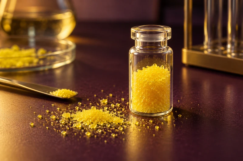 Conceptual illustration of yellow riboflavin-like crystals in a laboratory vial