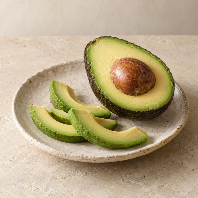 Illustrative food photograph of avocado halves and slices on a ceramic plate