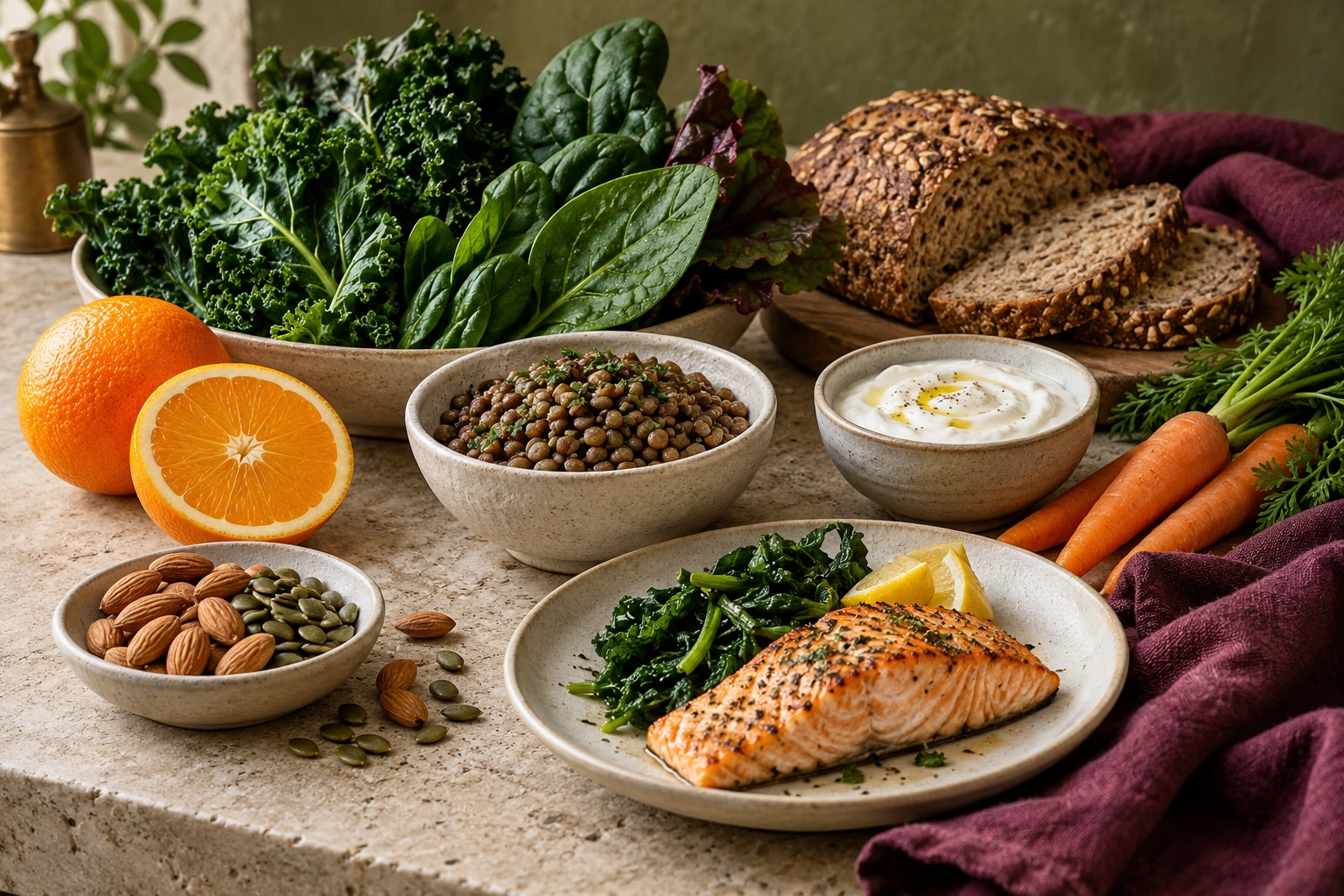 Varied foods including greens, legumes, whole grains, nuts, yogurt, citrus and salmon