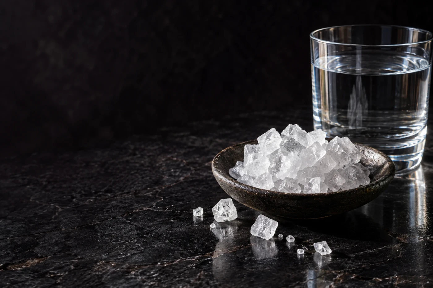 Table salt and a glass of water