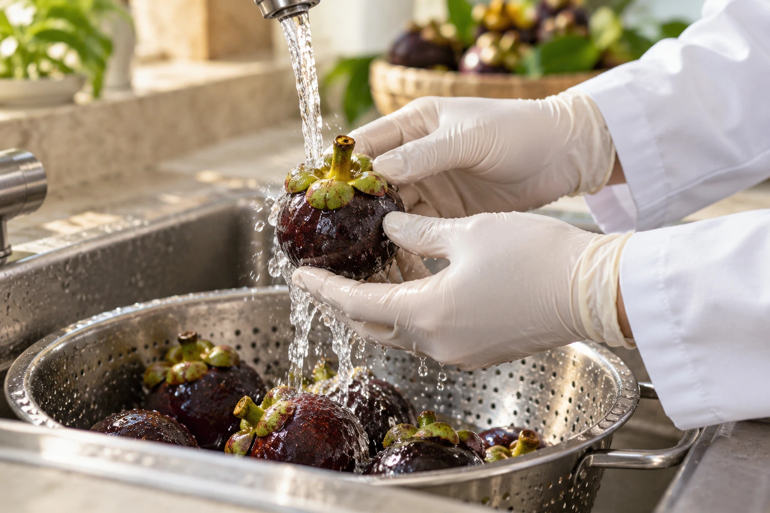 Illustrative cleaning of whole mangosteen fruit