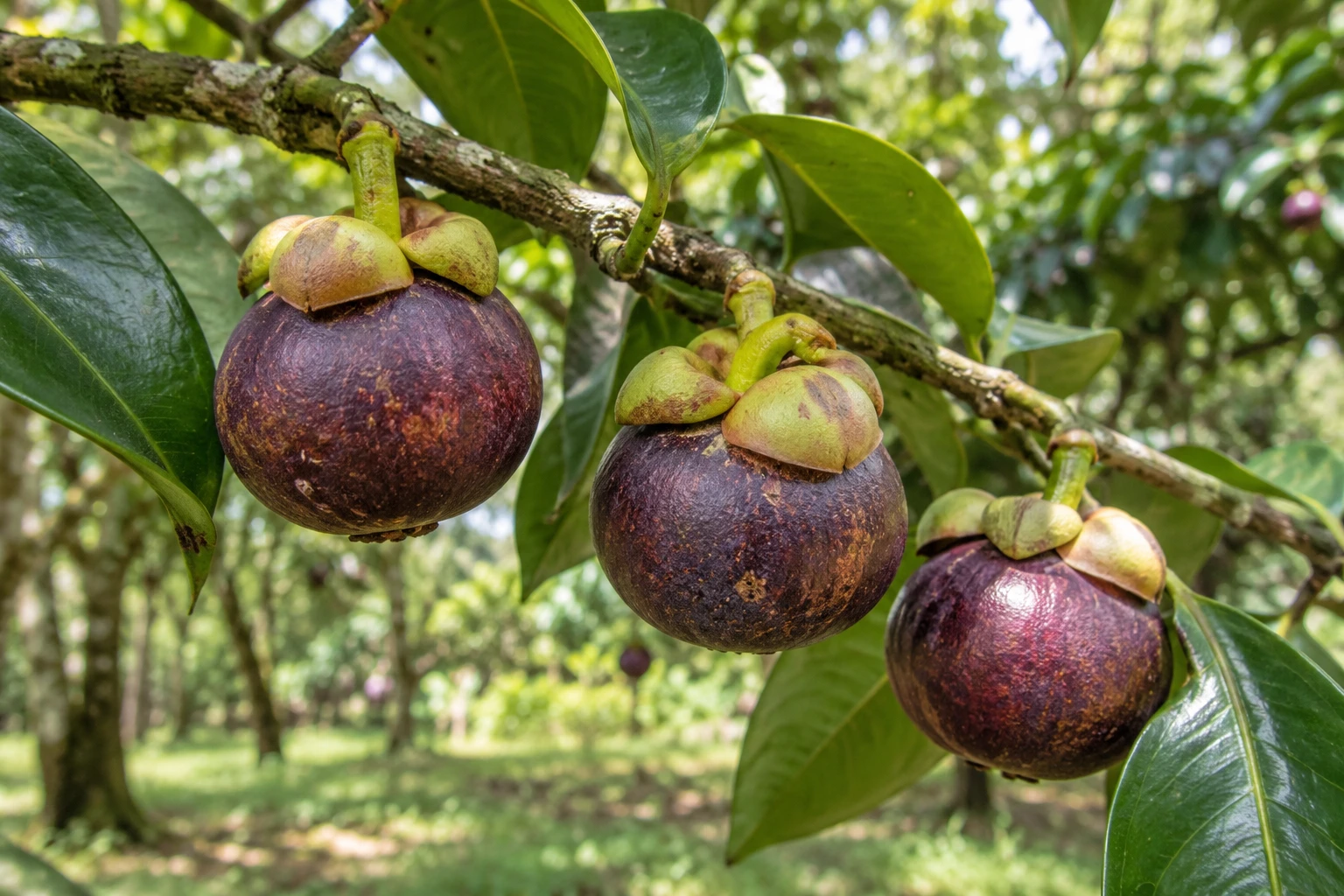 Illustrative mangosteen fruits growing on a tropical tree branch