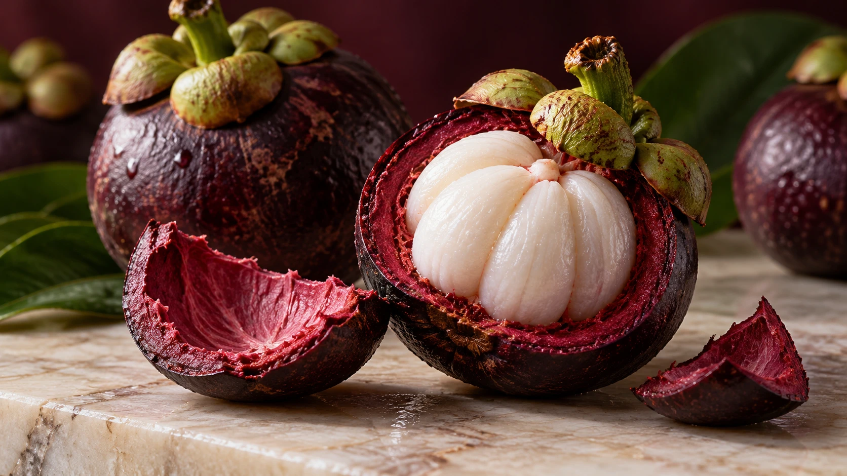 Opened mangosteen with a thick purple pericarp and white fruit segments