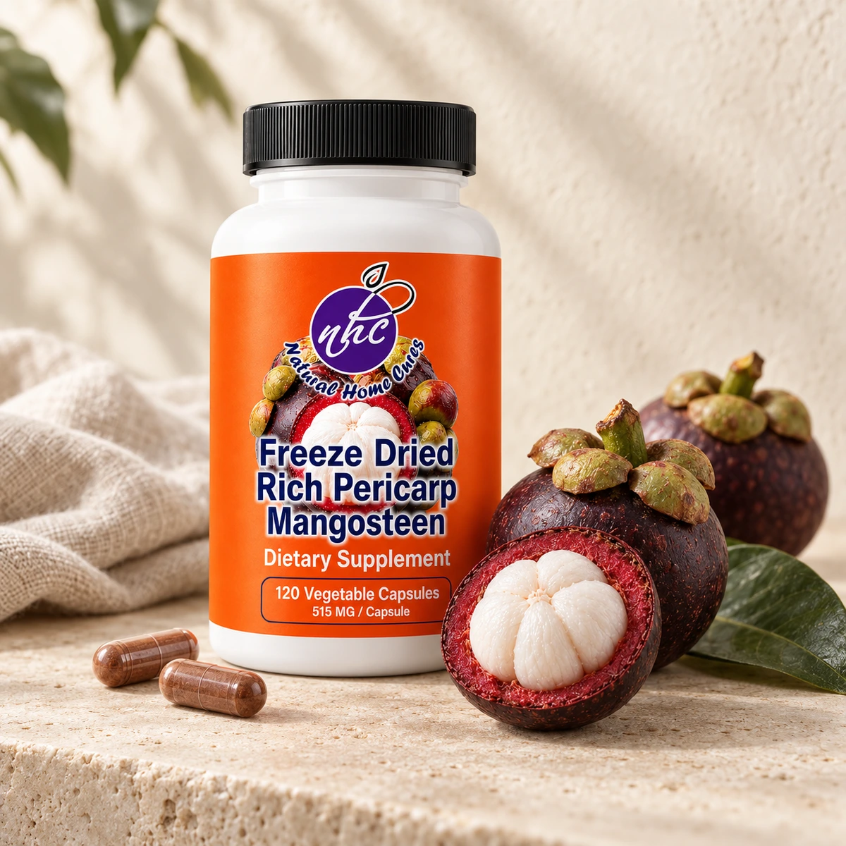 Natural Home Cures mangosteen capsules bottle with fruit on sunlit limestone