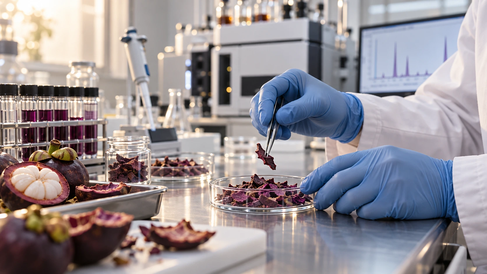 Illustrative gloved laboratory examination of dried mangosteen pericarp