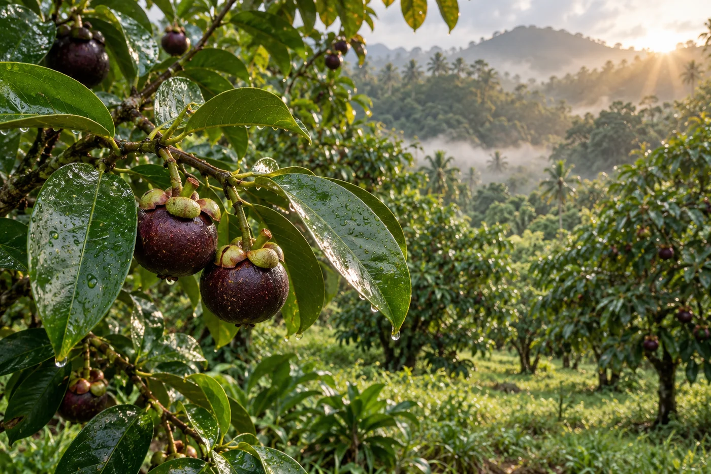 Illustrative mangosteen orchard in a humid tropical landscape