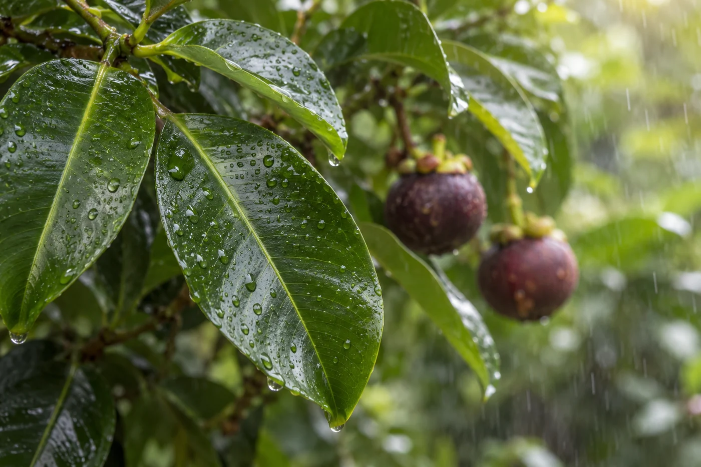 Illustrative rain droplets on glossy mangosteen leaves