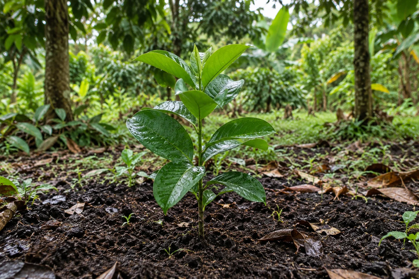 Illustrative young mangosteen seedling in a tropical orchard