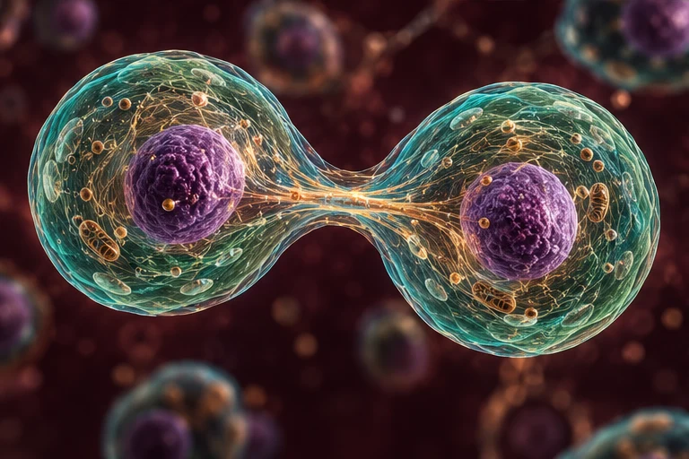 Conceptual animal cell division with two daughter-cell nuclei