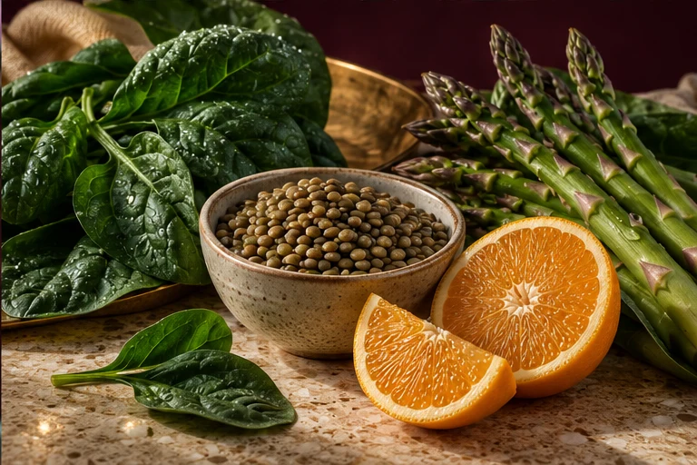 Editorial food illustration of leafy greens, lentils, asparagus and orange