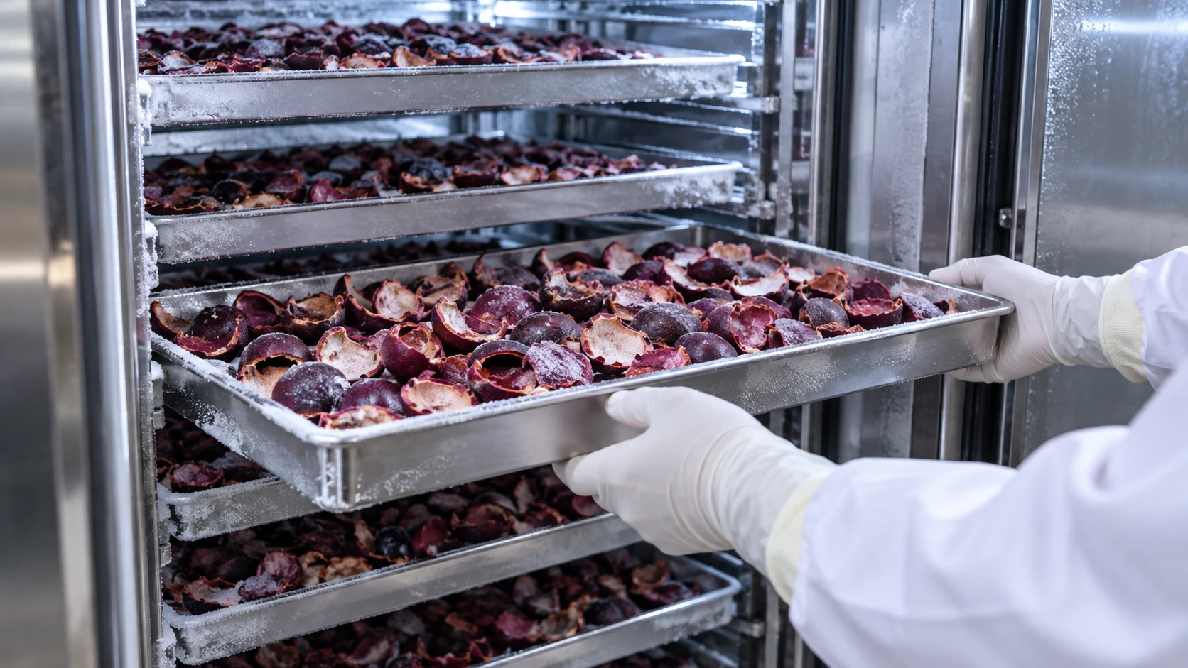 Illustrative trays of prepared mangosteen pericarp ready for freezing