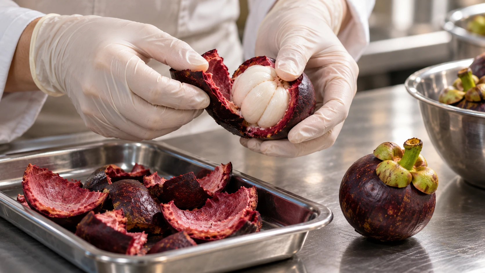 Illustrative gloved preparation of the thick purple mangosteen pericarp