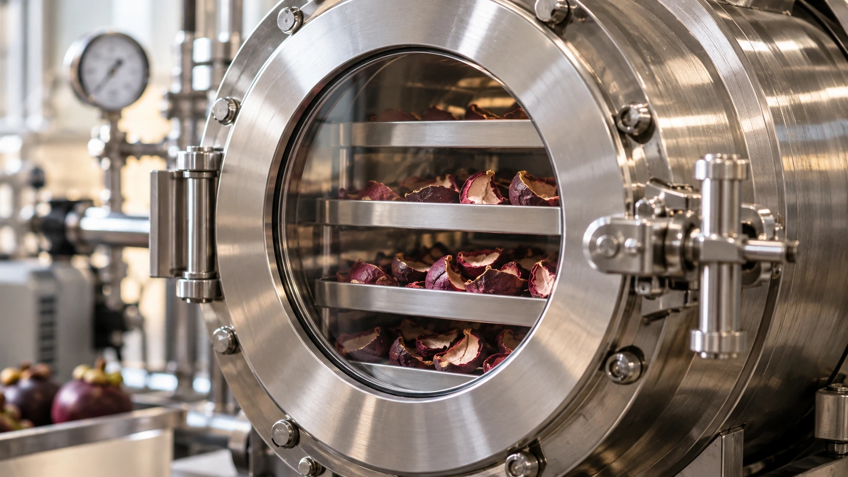 Illustrative sealed drying chamber containing trays of mangosteen pericarp