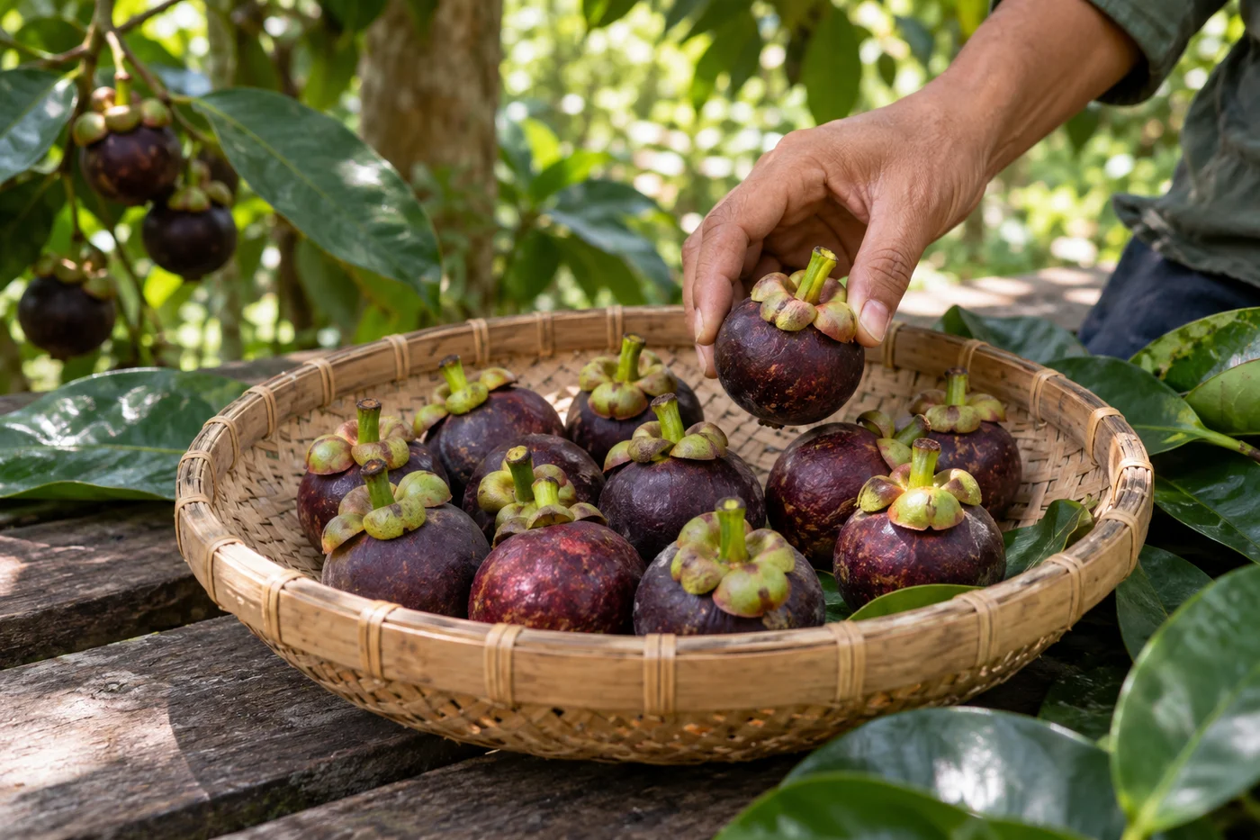 Illustrative hand gently placing a mangosteen in a shallow harvest basket