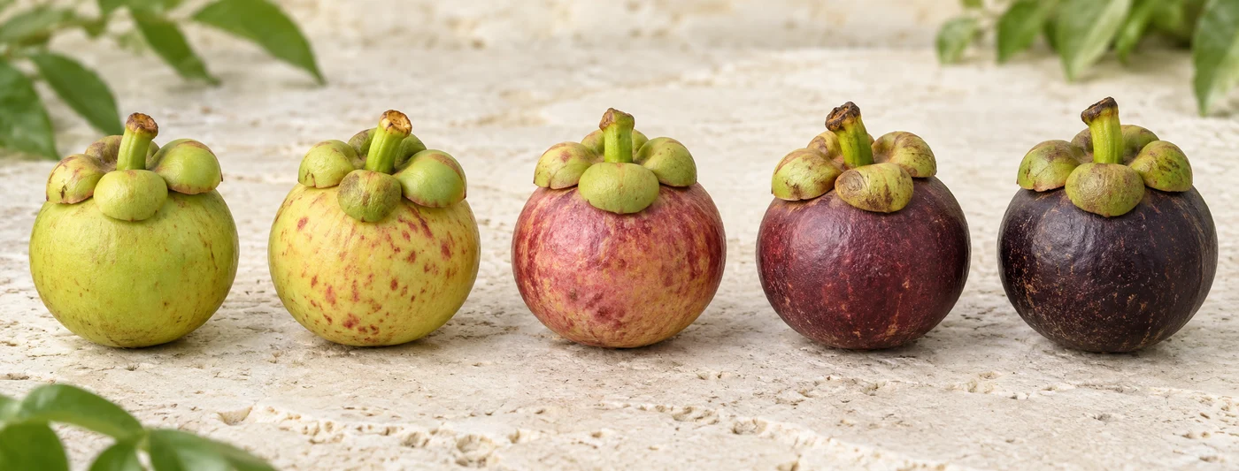 Illustrative sequence of five mangosteen fruits from pale green through pink and reddish-purple to dark purple
