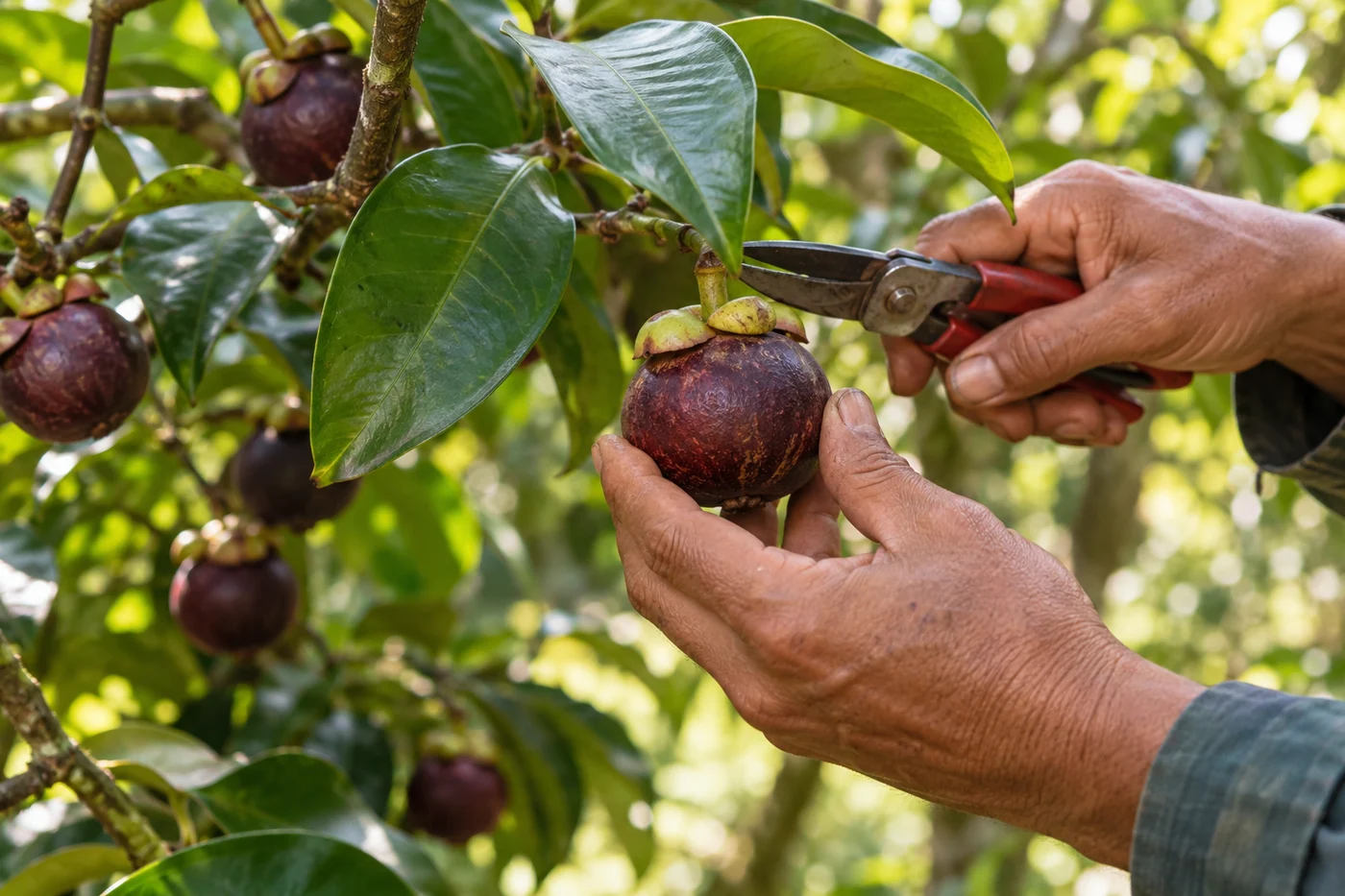 Illustrative hands carefully picking a mangosteen