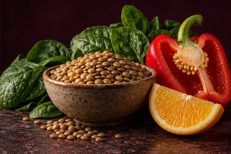 Editorial food illustration of lentils, leafy greens, red bell pepper and citrus