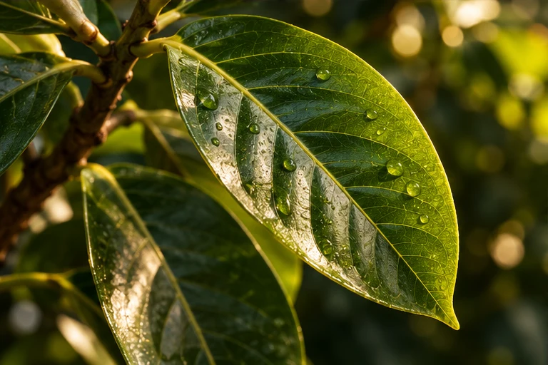 Illustrative macro view of a glossy green mangosteen leaf lit by sunlight