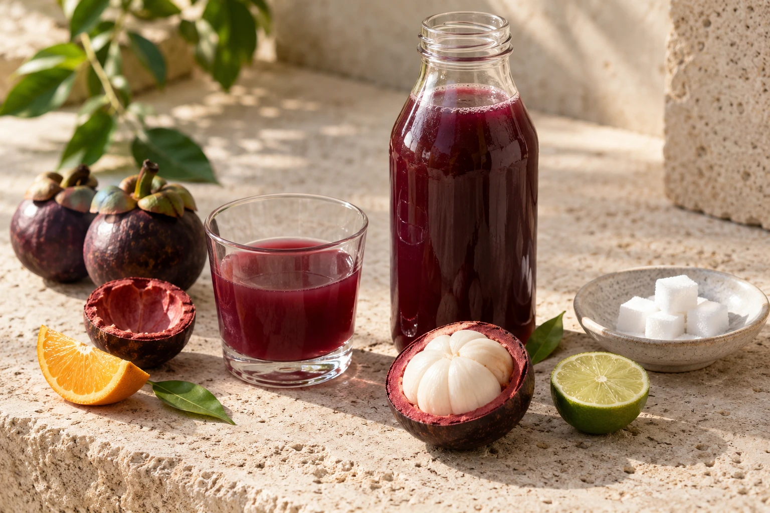 Conceptual still life with juice, mangosteen fruit, citrus and sugar cubes