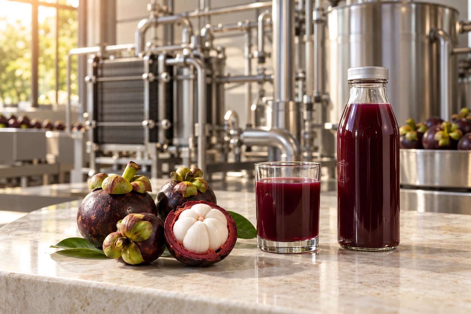 Illustrative juice processing setting with mangosteen fruit and an unbranded juice bottle