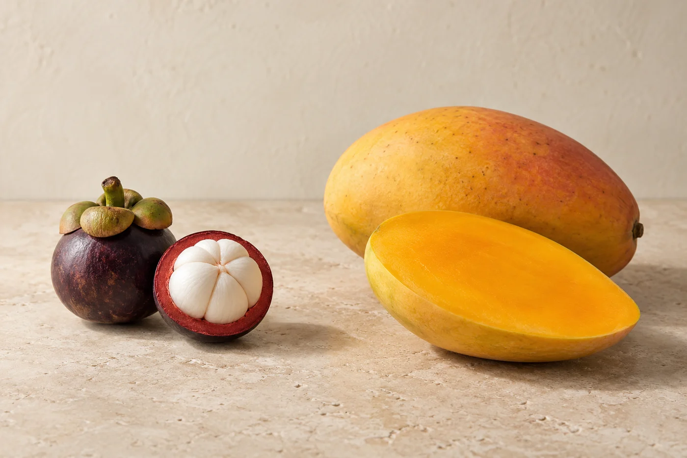 Illustrative comparison: purple mangosteen with white flesh on the left, yellow mango with orange flesh on the right