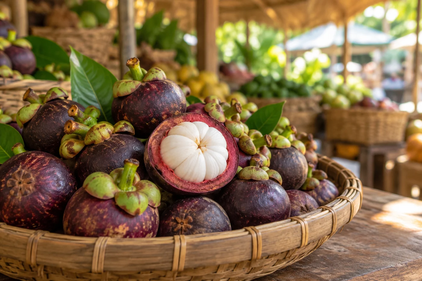 Illustrative mangosteen fruit basket at a market