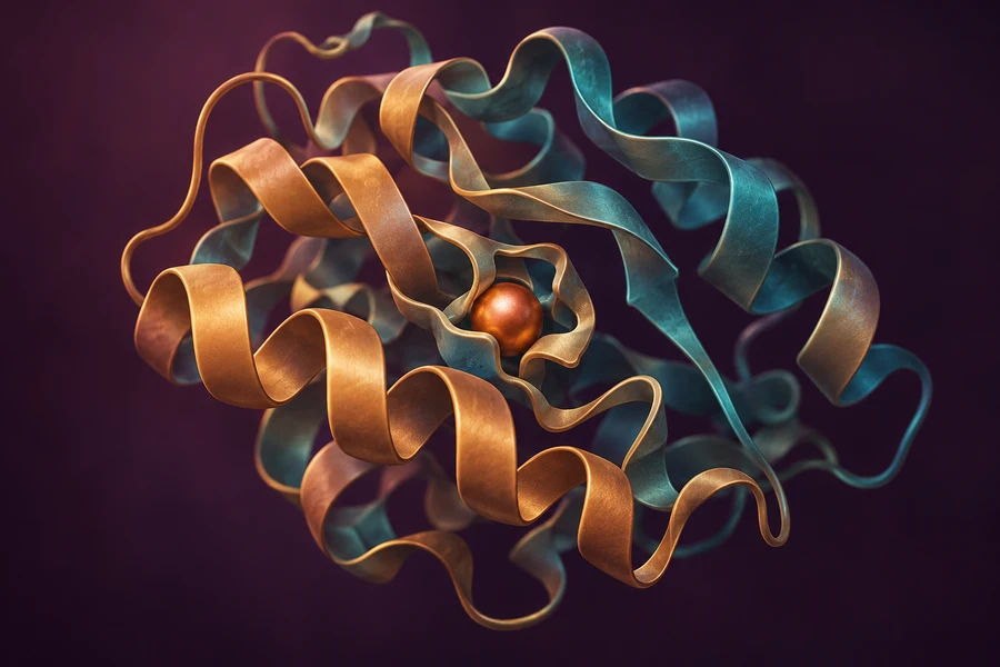 Conceptual folded protein with a metal helper in a pocket, illustrating an enzyme cofactor