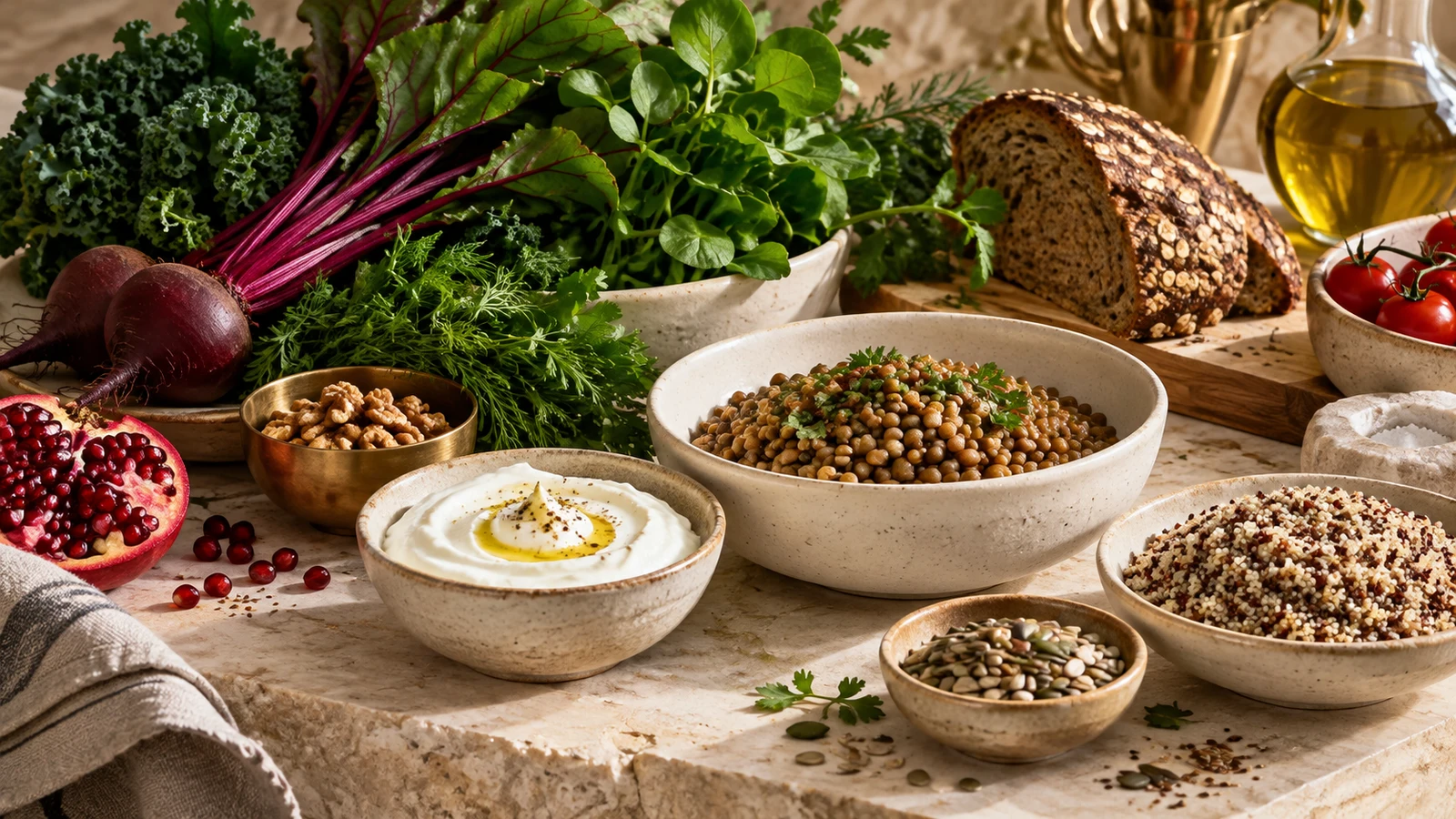 Varied foods including grains, leafy vegetables, seeds and legumes