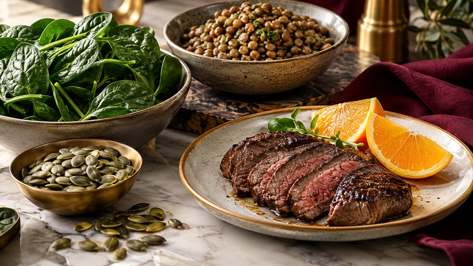 Foods including leafy greens, legumes and meat