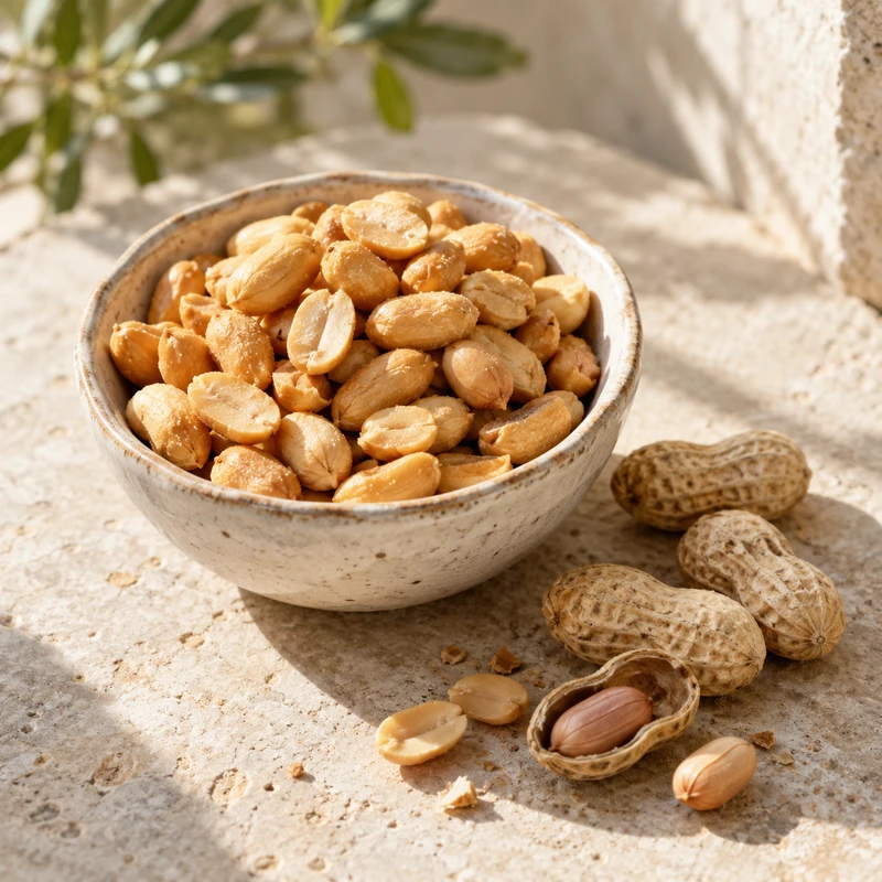 Illustrative roasted peanuts in a ceramic bowl