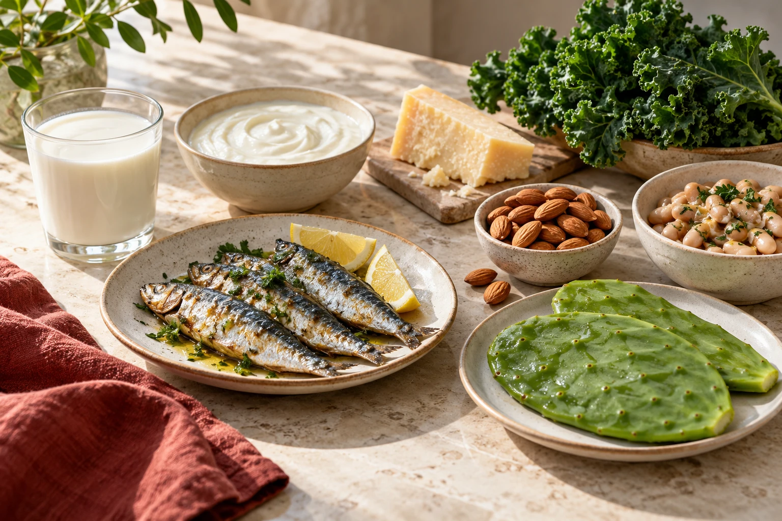 Milk, yogurt, cheese, sardines, leafy greens, almonds, beans and nopal on limestone