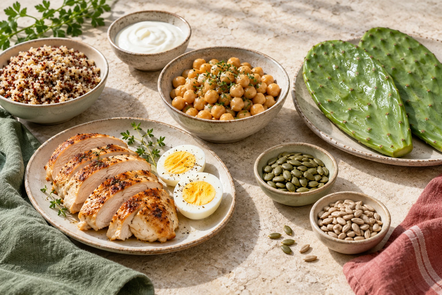 Chicken, eggs, chickpeas, yogurt, seeds, whole grains and nopal on limestone