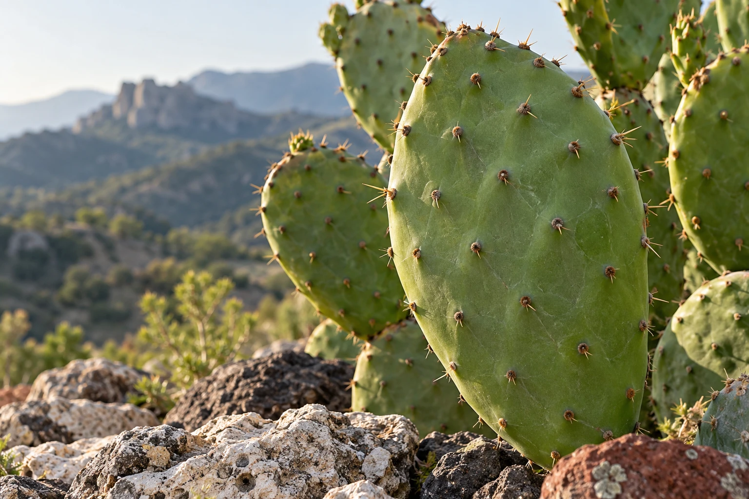 Healthy upright Nopal cactus pads showing their textured green surface in sunlight