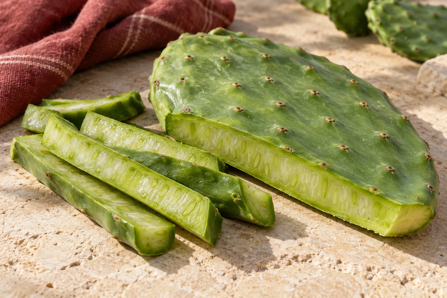 Freshly cut Nopal pad showing its inner texture