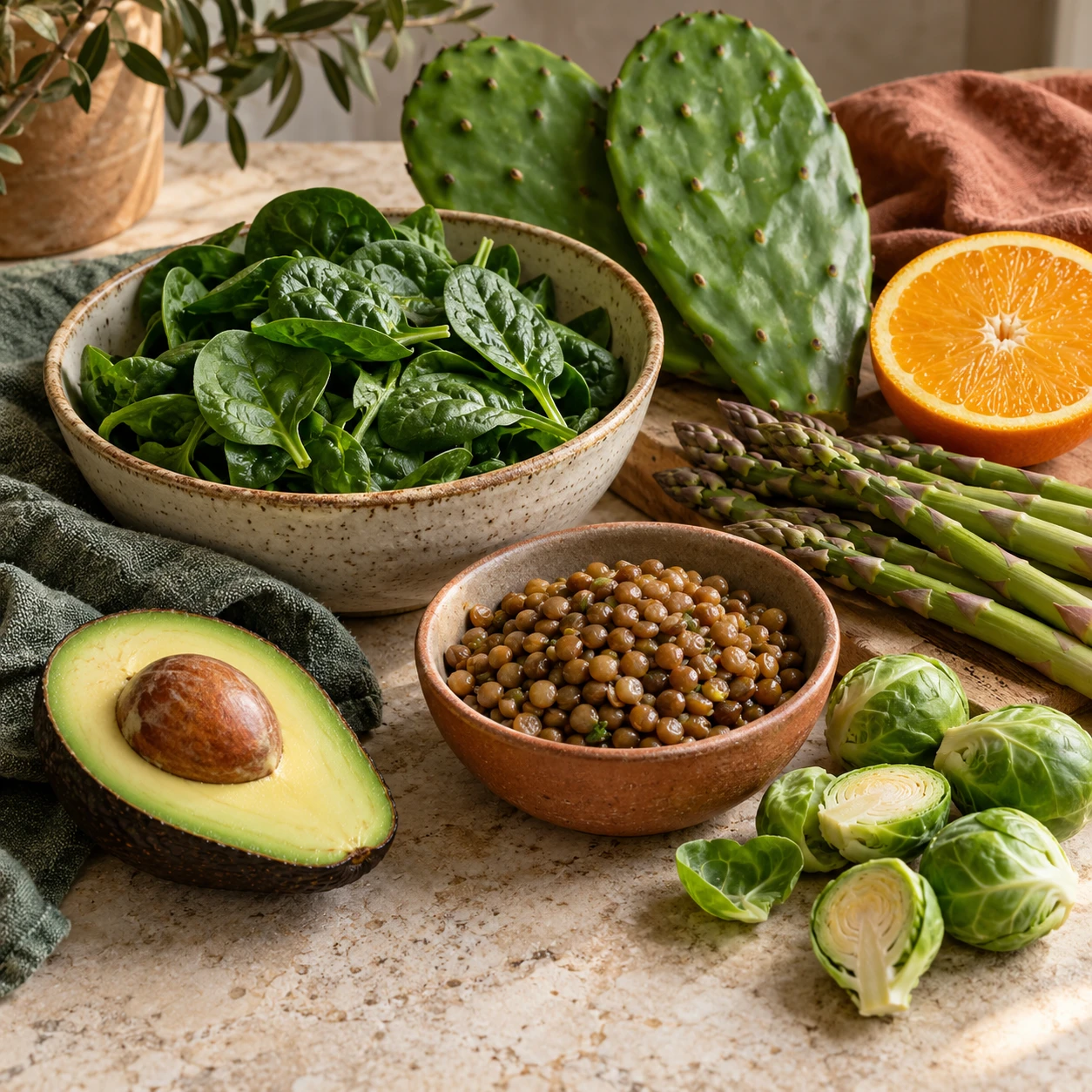 Spinach, lentils, asparagus, avocado and other familiar folate food sources beside Nopal pads