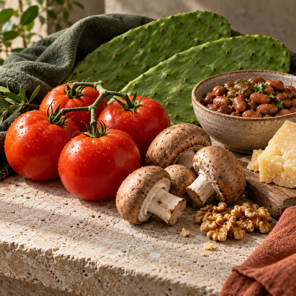 Tomatoes, mushrooms, aged cheese, beans and walnuts beside Nopal pads on limestone