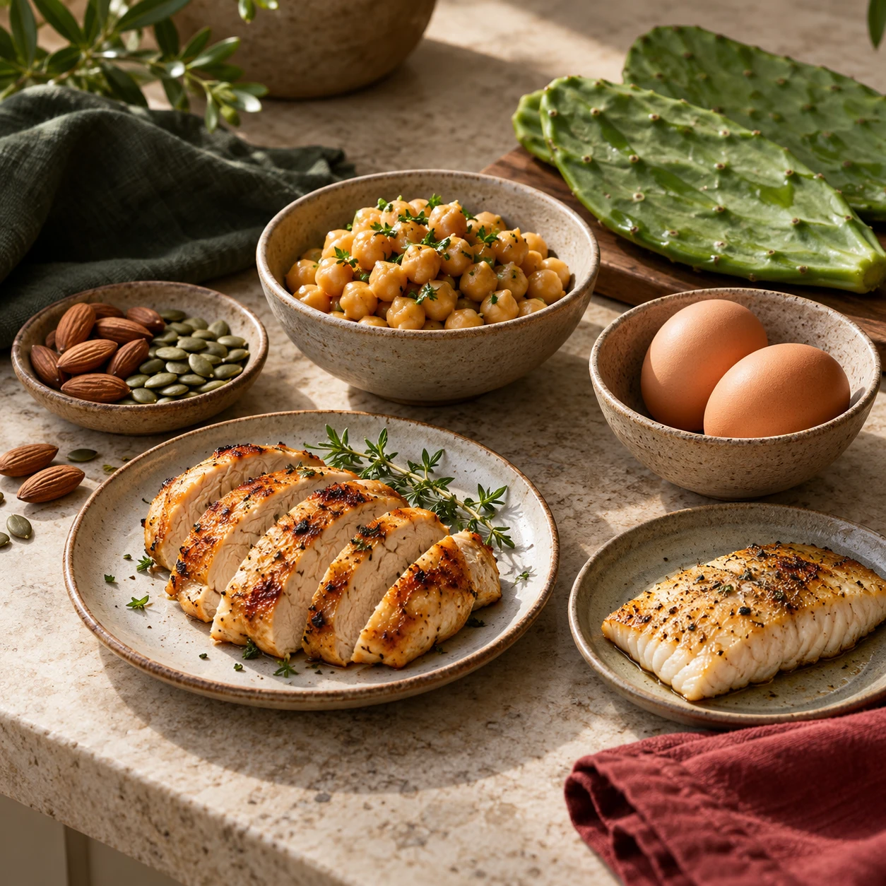 Roasted chicken, cooked fish, eggs, chickpeas, nuts and seeds beside Nopal pads on limestone