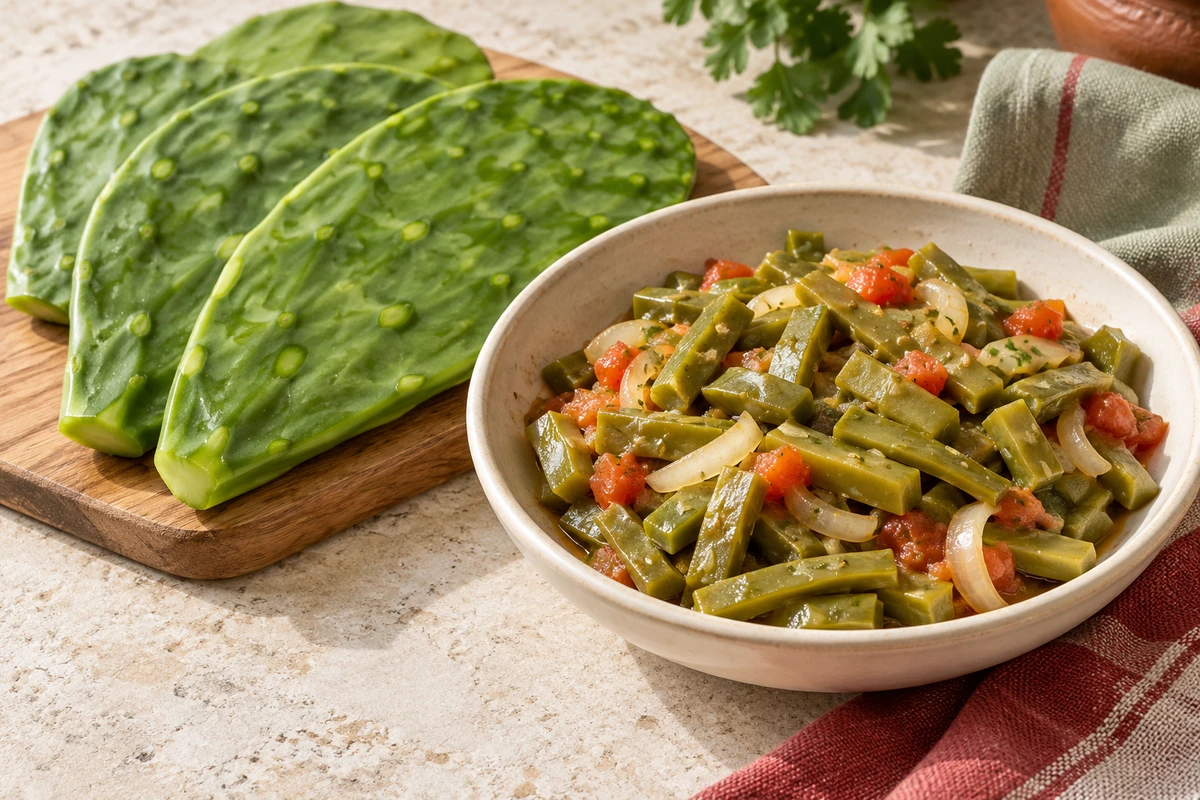 Fresh Nopal pads and prepared nopales