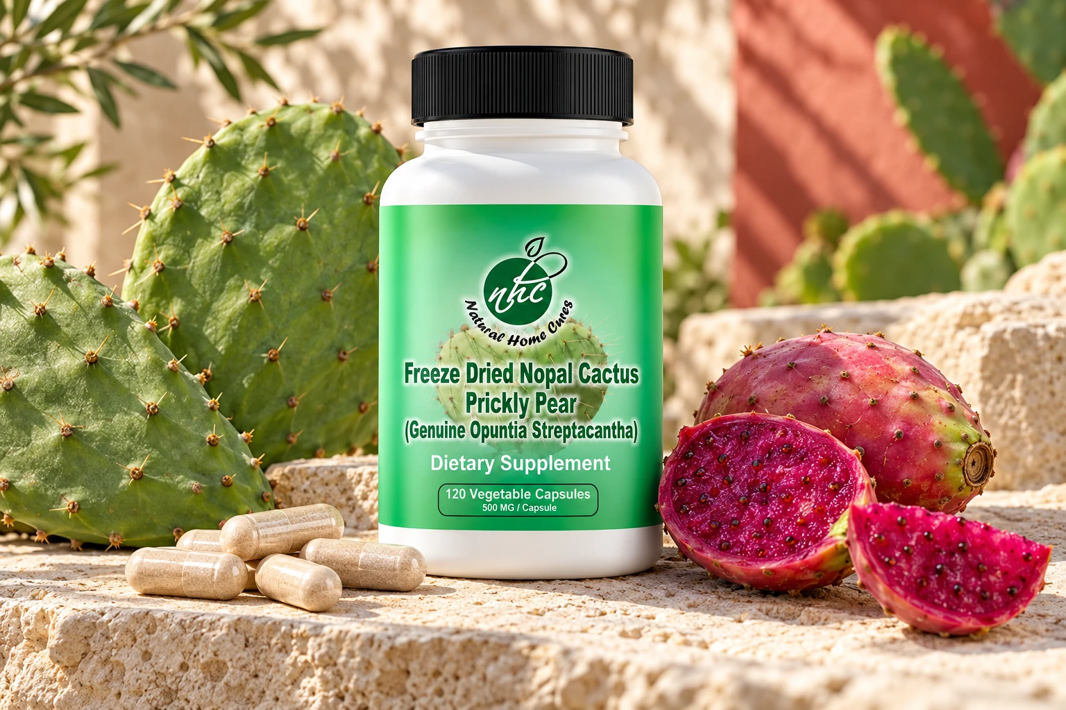 Natural Home Cures Nopal capsule bottle on limestone