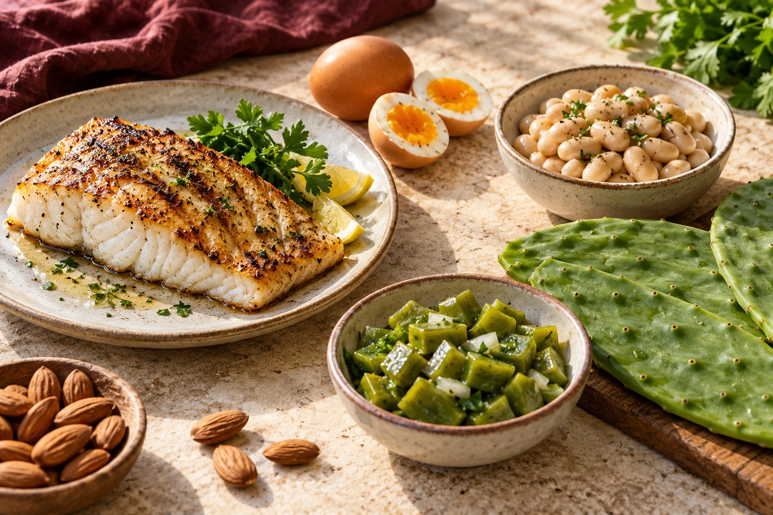 Fish, eggs, chickpeas, nuts and Nopal pads