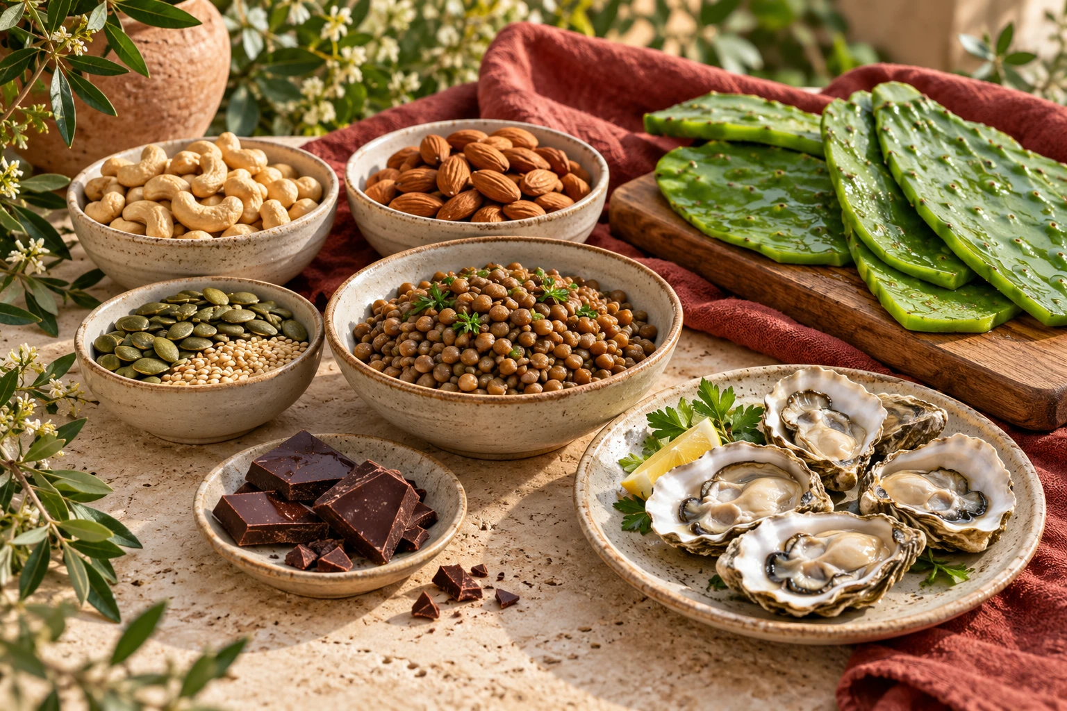 Lentils, nuts, seeds, shellfish and Nopal pads