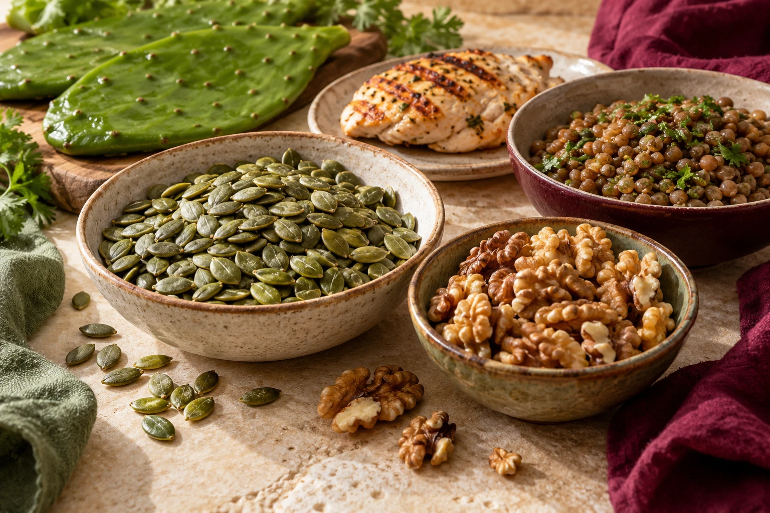 Seeds, nuts, lentils, chicken and nopal on limestone