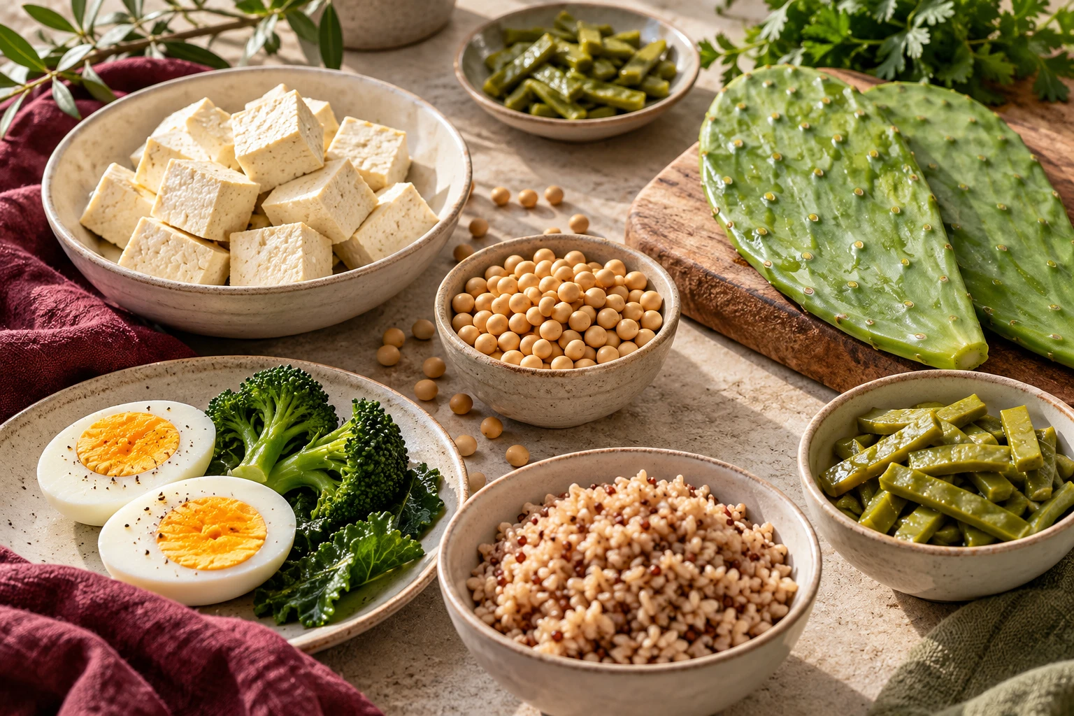 Tofu, soybeans, eggs, whole grains and nopal on limestone
