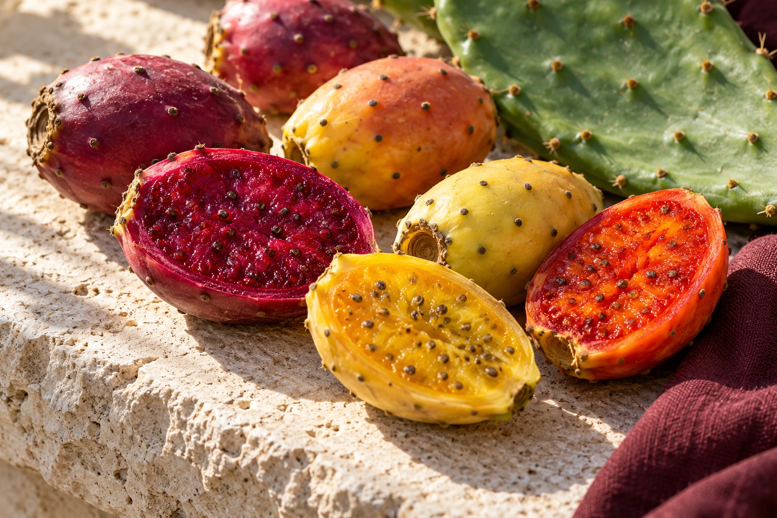 Red, purple, yellow and orange prickly pear fruits