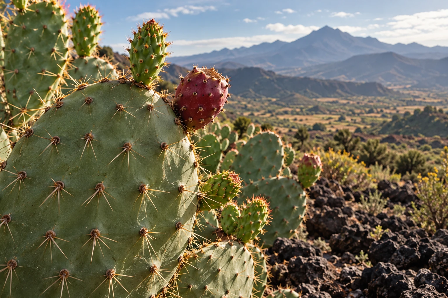Illustrative Opuntia cactus in a mountainous landscape
