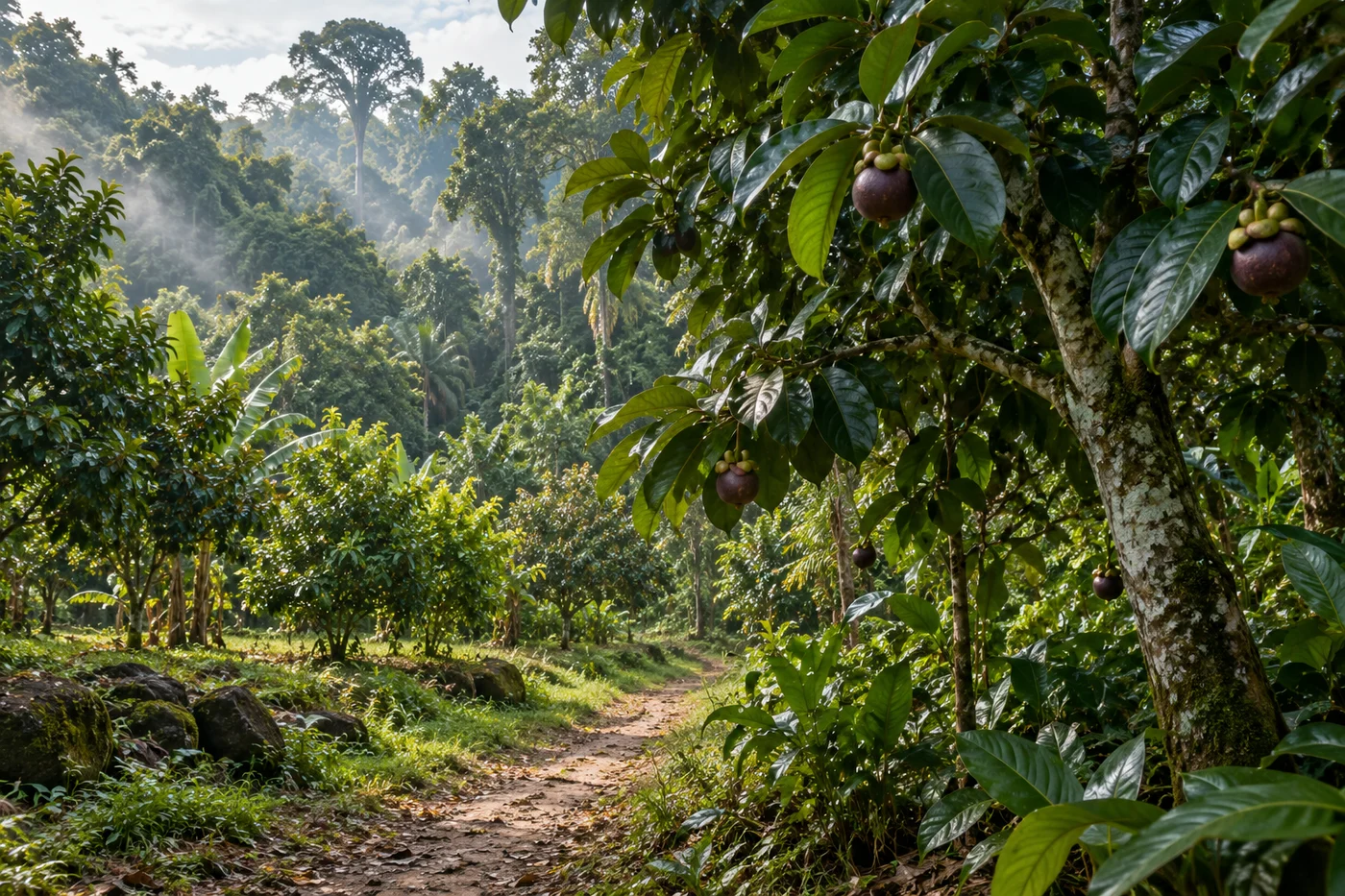 Illustrative tropical forest and mixed-orchard landscape