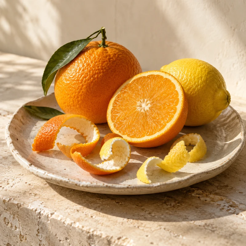 Illustrative food photograph of orange, lemon and citrus peel with white pith