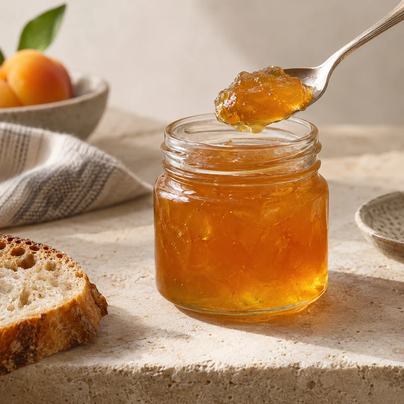 Illustrative kitchen photograph of fruit jelly in a glass jar with a spoon holding a gelled dollop