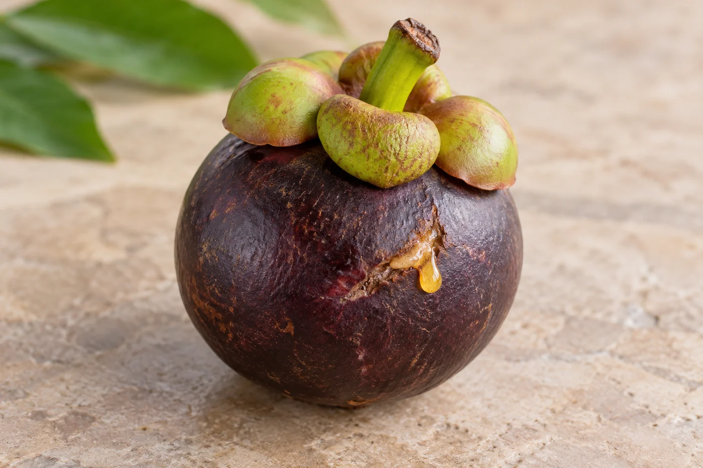 Illustrative yellow latex droplet at a small physical scrape on mangosteen pericarp